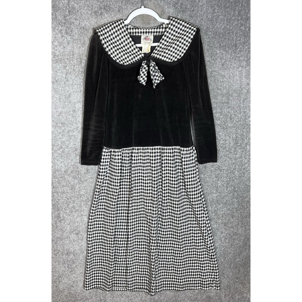 Vintage Lanz Originals USA Velour Gingham Maxi Dress Women Sz 4 Black Pockets